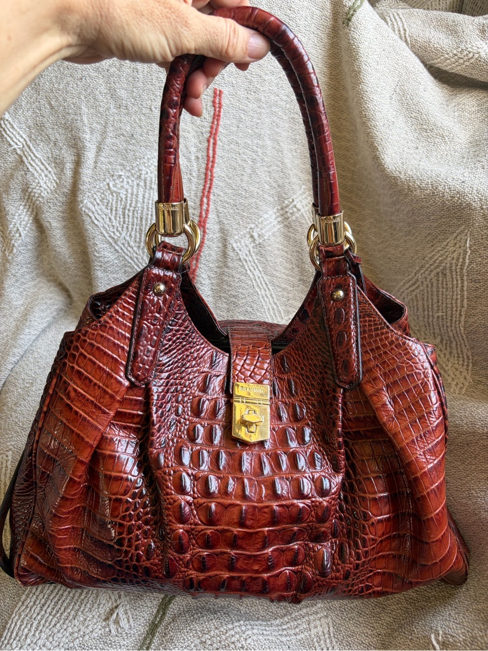 Brahmin Leather handbag/ shoulder bag in pecan with crocodile pattern.